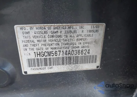 2004 Honda Accord 2.4 Ex z USA, uszkodzony, nr VIN 1HGCM56714A036624